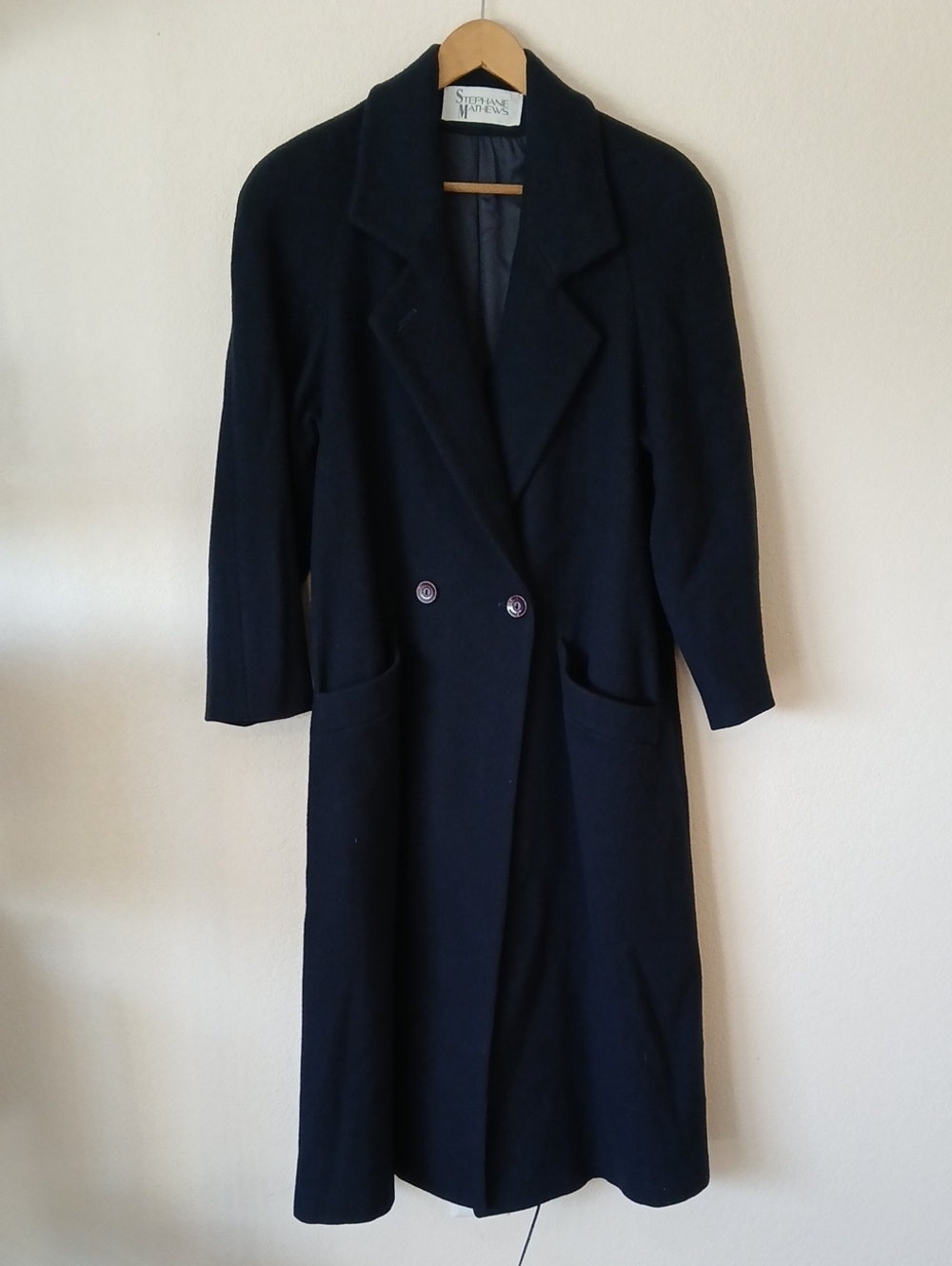 Vintage Stephanie Mathews Navy 100% Wool Long Overcoat With Shoulder Pads